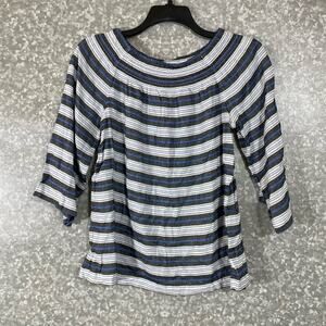 J Jill Black & Blue Striped Linen Blend Peasant Blouse - Size XS - Smocked Neck